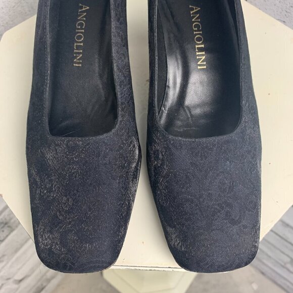 Enzo Angiolini Square Toe Mid Low Block Heel Black Floral Fabric Leather Pump - Picture 4 of 10